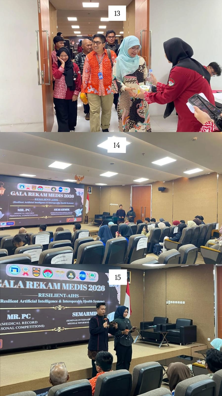 Keterangan : Gambar 13 Pembagian makan siang dan ishoma, Gambar 14 Peserta berkumpul kembali ke ruang I.6, Gambar 15 Pembukaan acara kembali oleh MC